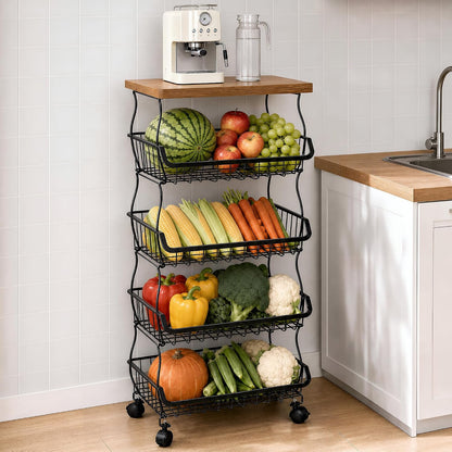 VECELO 4-Tier Fruit Basket with Wheels, Fruit and Vegetable Storage Cart for Kithchen, Stackable Produce Organizer Wire Baskets for Kitchen, Pantry, Living Room