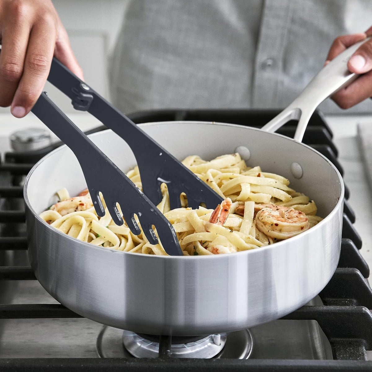 GreenPan Silicone Locking Pasta Tongs, Cooking Grilling Serving, Salad, Kitchen Utensil, Flexible Rubber PFAS-Free Ceramic Nonstick Cookware, Steel Core, Heat-Resistant, Dishwasher Safe, Gray