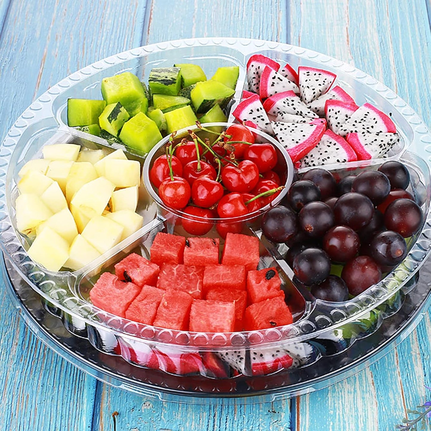 10 Pcs Round Plastic Appetizer Tray with Lid Divided Serving Tray Disposable Food Storage Trays Containers Plastic Tray Storage Snack Fruit Vegetable Trays for Party (black, 13.7 x 13.7 x 2 Inch)