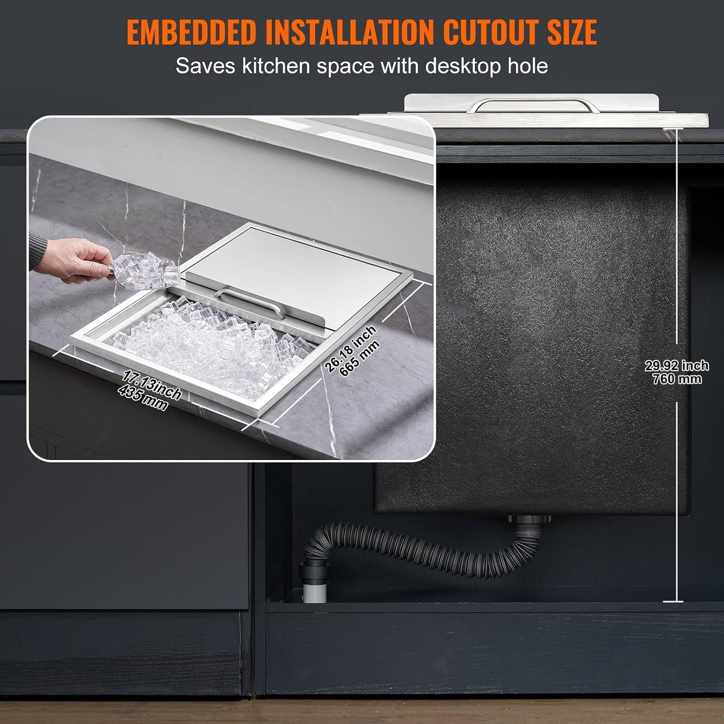 Happybuy Drop in Ice Chest 18L x 12W x 14.5H Inch Stainless Steel Ice Cooler with Sliding Cover Drop in Ice Bin Included Drain-Pipe and Drain Plug for Cold Wine Beer