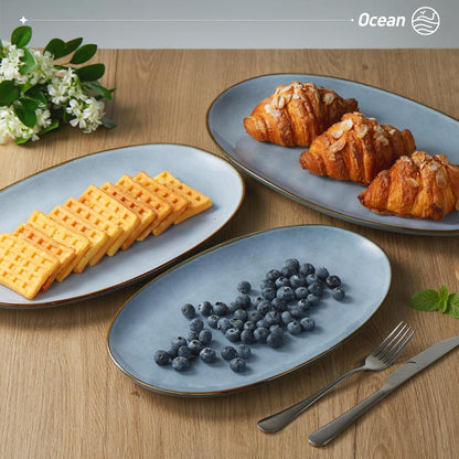 famiware Serving Platter, Oval 15.59/14.3/12.9inch Serving Dishes for Entertaining, Serving Bowls, Microwave Safe, Stoneware Serving Trays for Party, Food, Turkey, Cheese, Ocean Series, Vanilla White