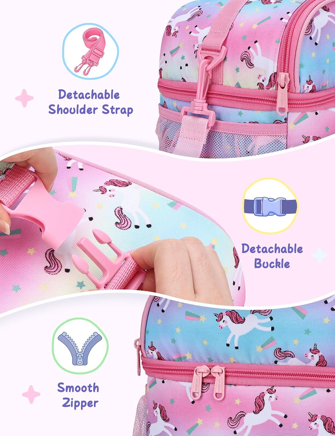 VASCHY Lunch Box Bag for Kids, Insulated Double Compartments Cooler Lunch Tote for Toddlers Boys Girls School/Daycare/Picnic Black Dinos