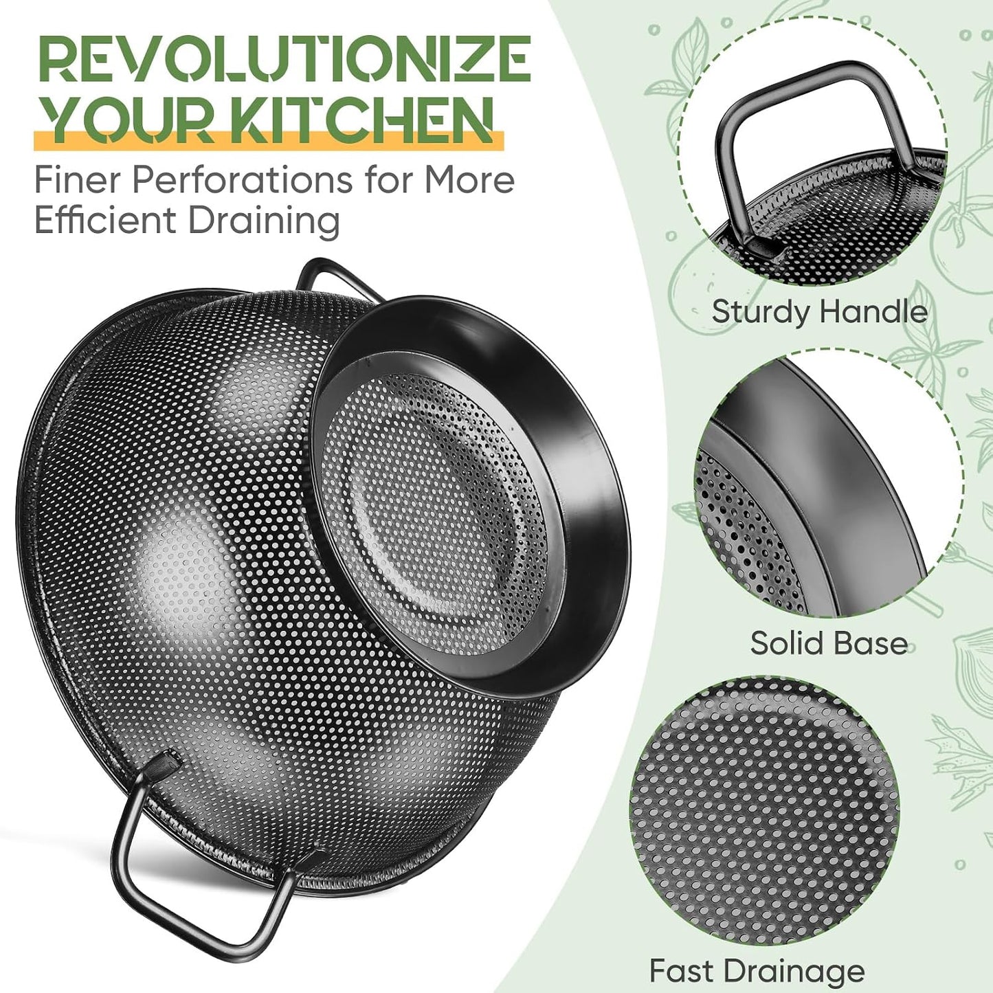 Bokon 3 Pcs Stainless Steel Colander Set Colander Bowl and Sieves 1/3/5 Quart Metal Mesh Strainer Net Basket with Handles Food Spaghetti Strainer for Kitchen Draining Pasta Rinsing(Gold)