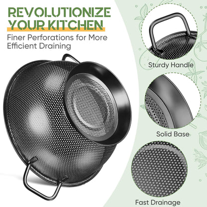 Bokon 3 Pcs Stainless Steel Colander Set Colander Bowl and Sieves 1/3/5 Quart Metal Mesh Strainer Net Basket with Handles Food Spaghetti Strainer for Kitchen Draining Pasta Rinsing(Gold)