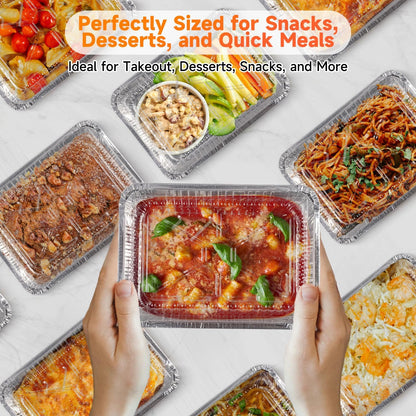 Aluminum Pans with Clear Lids - 50 Pack 2.25LB Capacity Disposable Pans with Plastic Dome Lids, 8.5”x6” Heavy Duty Tin Foil Pans for Cake Baking, Cooking, Heating, Storing, Prepping Food