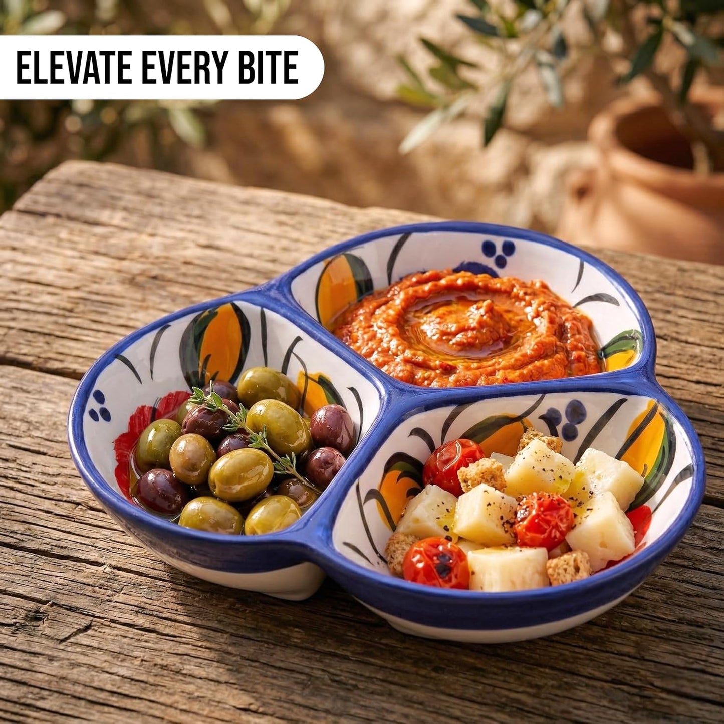 Ceramic Chip & Dip Bowl 7.5”, 3-Compartment Divided Serving Dish & Condiment Tray for Appetizers – Handmade in Spain, Lead-Free Glaze, Microwave, Oven & Dishwasher Safe