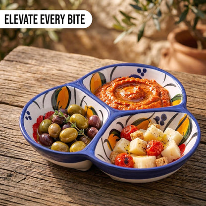 Ceramic Chip & Dip Bowl 7.5”, 3-Compartment Divided Serving Dish & Condiment Tray for Appetizers – Handmade in Spain, Lead-Free Glaze, Microwave, Oven & Dishwasher Safe