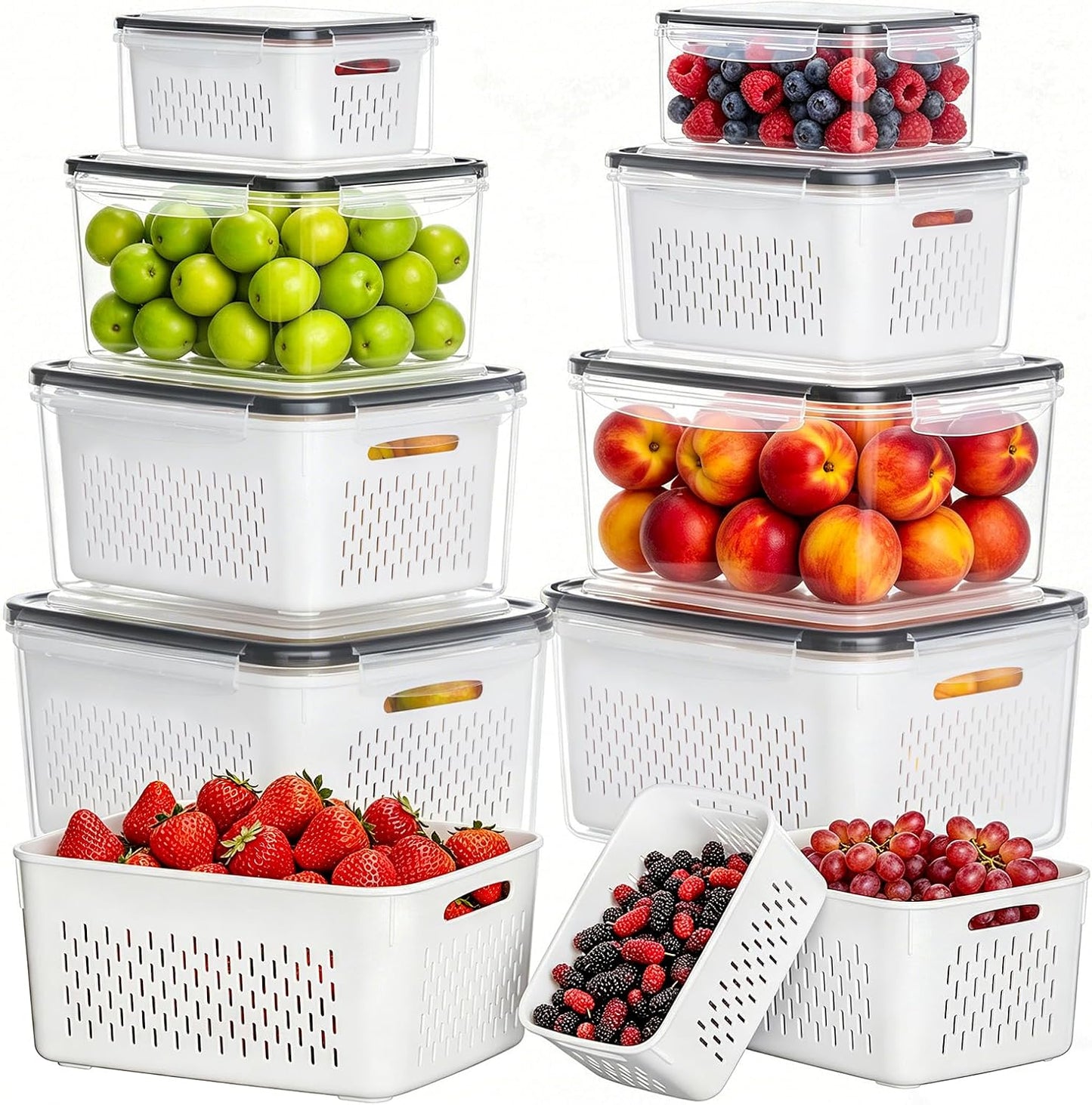 HOMETALL 5 Pack Fruit Storage Containers for Fridge, Plastic Fruit Containers for Fridge with Removable Colanders, Leakproof Fridge Organizers and Storage for Berry Vegetable Salad Lettuce Meat Food