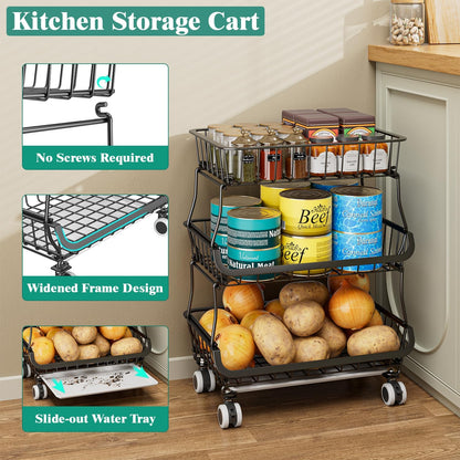 Giwil 3-Tier Rolling Pantry Organizers with Wheels, Stackable Wire Basket for Kitchen Pantry Shelves, Vegetable Storage Rack Pantry Cart for Snack Fruit Onion Potato, Black