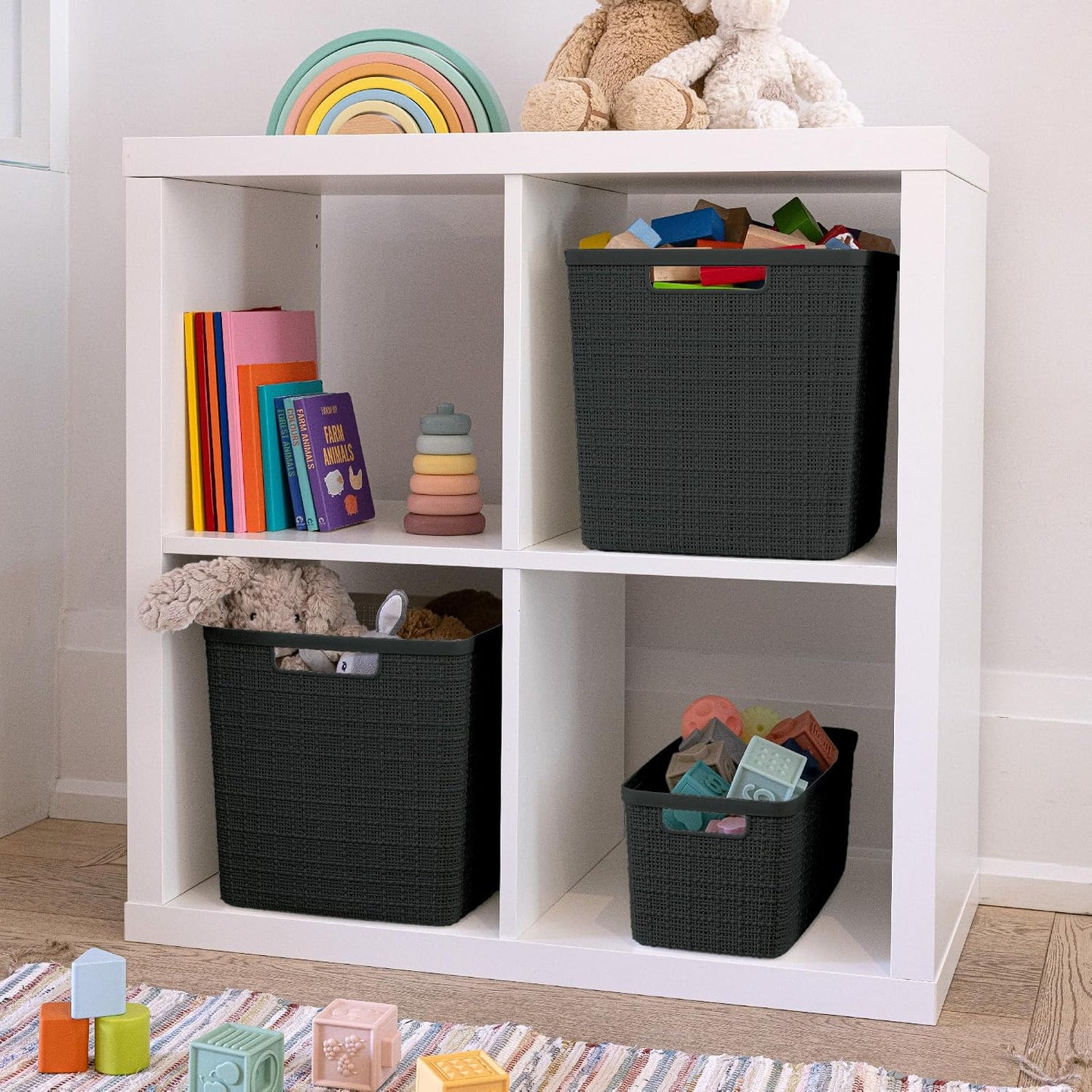 Curver Set of 4 Large 18L Easy Access Jute Decorative Plastic Organization and Storage Baskets - Perfect Bins for Home Office, Closet Shelves, Kitchen Pantry and All Bedroom Essentials, Black
