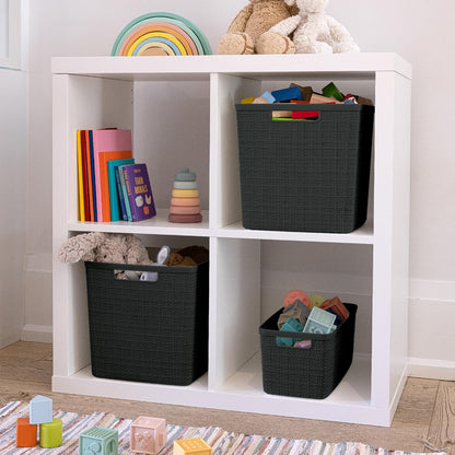 Curver Set of 4 Large 18L Easy Access Jute Decorative Plastic Organization and Storage Baskets - Perfect Bins for Home Office, Closet Shelves, Kitchen Pantry and All Bedroom Essentials, Black