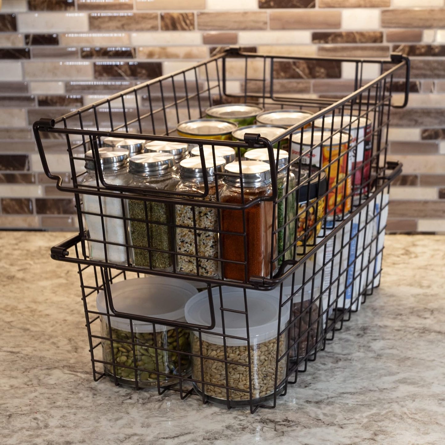 Home-Complete 2 pcs Medium Stackable Wire Baskets, 16"x12" Organizer Stacking Storage Bins for Shelf, Pantry, Kitchen, Cabinets, can also be used in Chest Freezers (Brown)