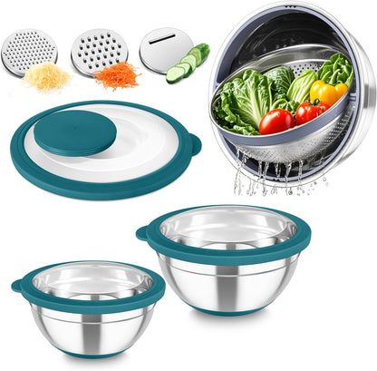 TeamFar Mixing Bowls with Colander Set, Stainless Steel Strainer and Nesting Salad Bowls, with Lids & 3 Graters, Non-Slip Bottom & Visible Lid, Rotatable & Dishwasher Safe, 4.6/3/1.5 QT, Khaki