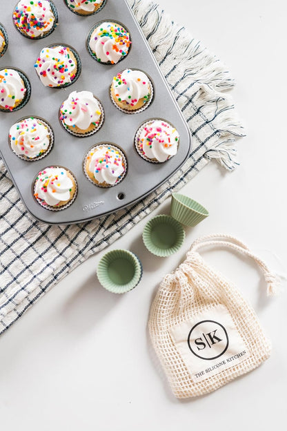 The Silicone Kitchen Reusable Mini Silicone Baking Cup, Non-Toxic, BPA Free, Dishwasher Safe, Mini, 24 Pack, White Blue Green