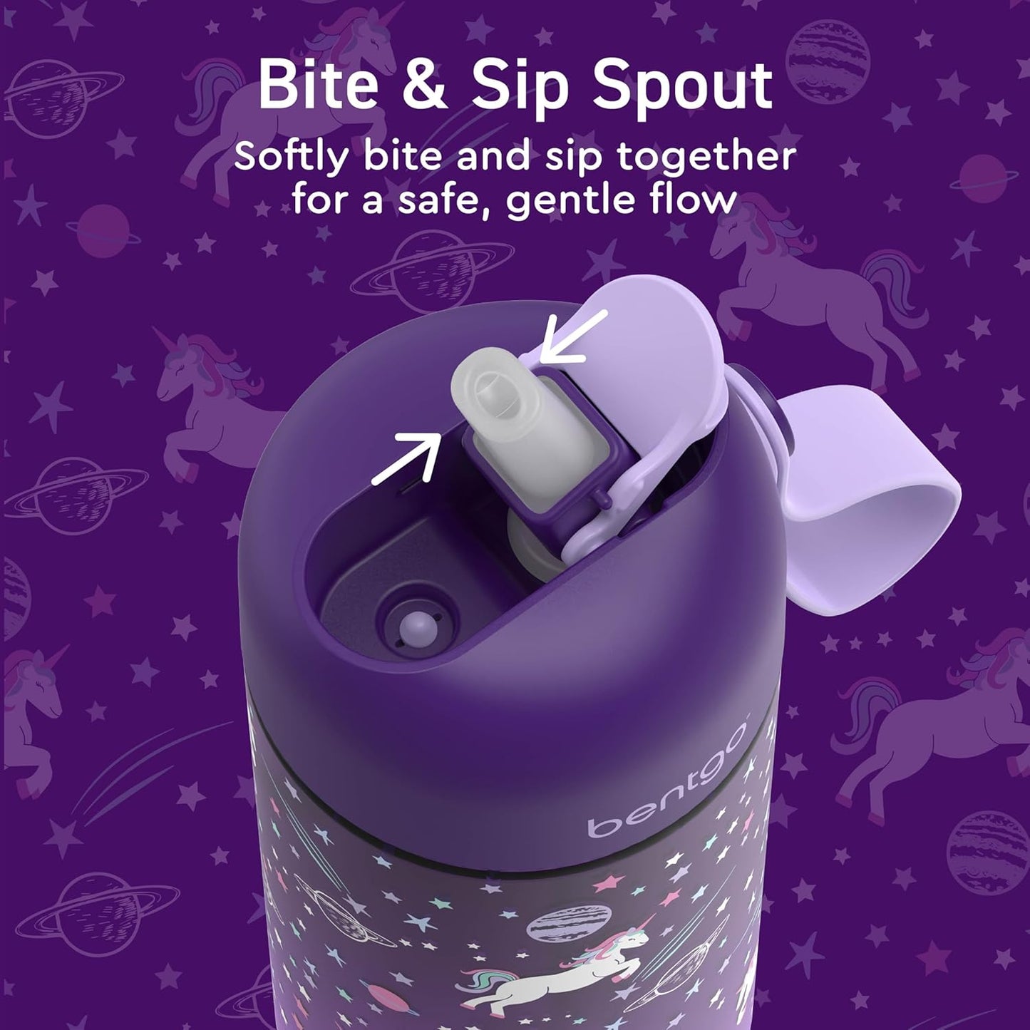 Bentgo Kids Water Bottle - Leak-Proof, Durable Tritan PFAS- & BPA-Free 15 fl oz, Kids/Toddlers Ages 3+ for School & Sports; Bite & Sip Spout, Carrying Handle, Dishwasher Safe (Unicorn)