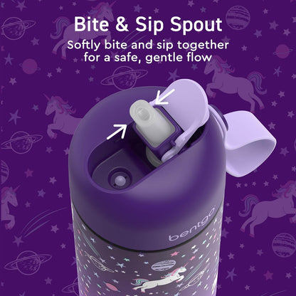 Bentgo Kids Water Bottle - Leak-Proof, Durable Tritan PFAS- & BPA-Free 15 fl oz, Kids/Toddlers Ages 3+ for School & Sports; Bite & Sip Spout, Carrying Handle, Dishwasher Safe (Unicorn)