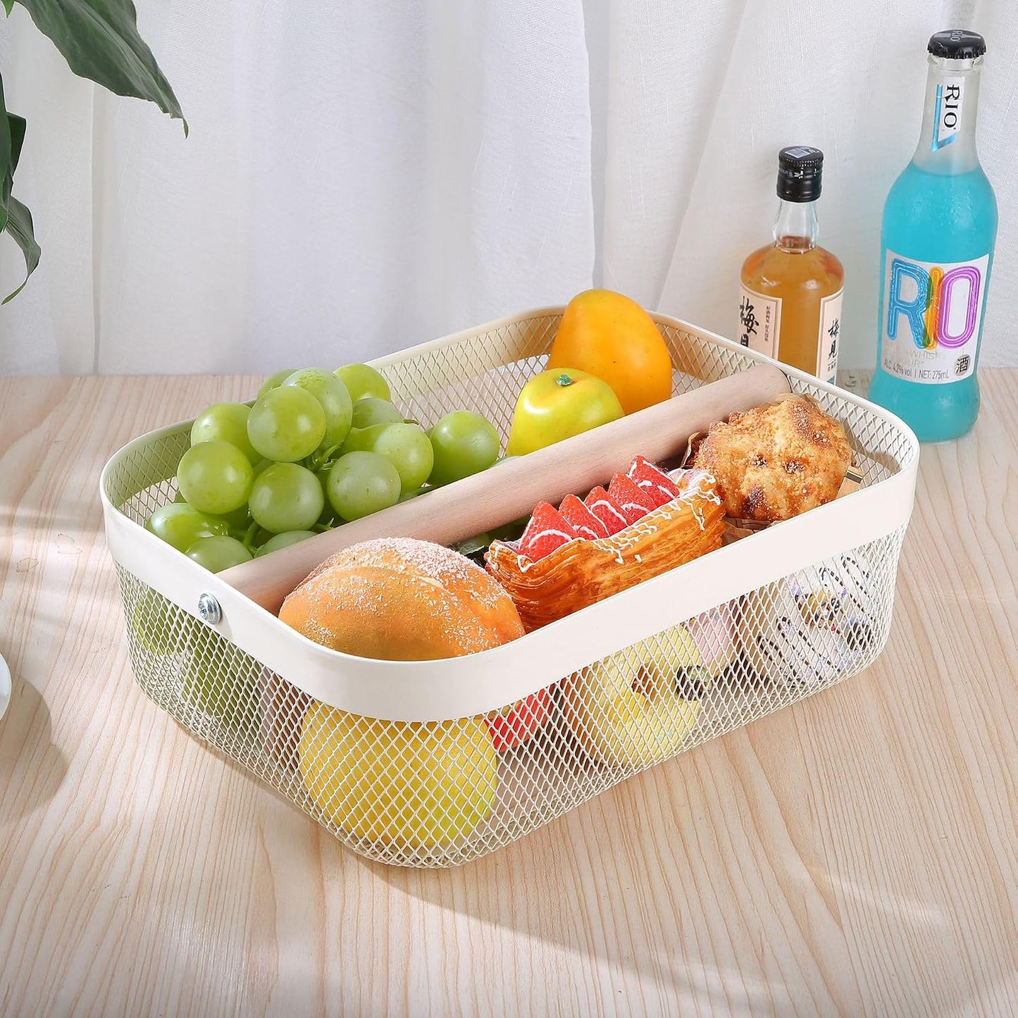 AJIODA Metal Mesh Steel Storage Basket, Garden Harvest Wire Organizer Basket Multi-functional Kitchen Fruit Basket with Wooden Removable Partition & Handle for Bathroom Picnic Decor Cabinet, Grey