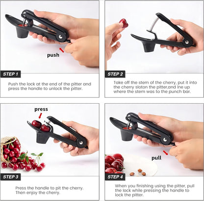 Cherry Pitter - Olive And Other Fruit Tools, Cherry Pitter With a Space-Saving Lock(BLACK)