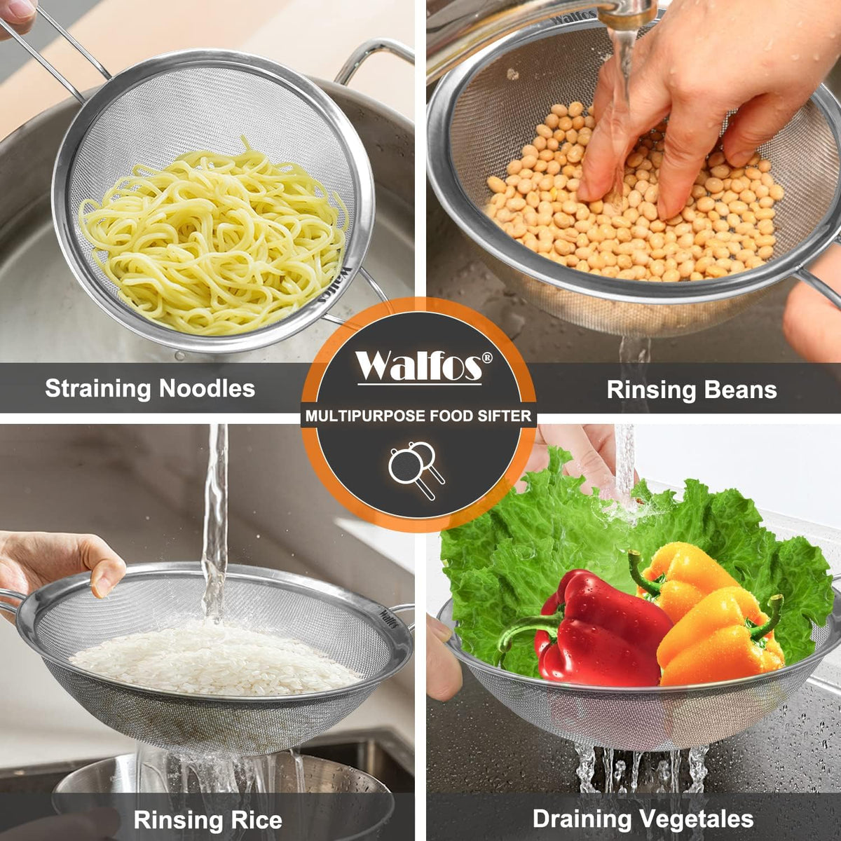 Walfos 6.3 Inch Fine Mesh Strainer, Premium Stainless Steel Sieve and Sifter with Handle, Kitchen Metal Strainers for Rice, Quinoa, Fruits, Noodles, Flour