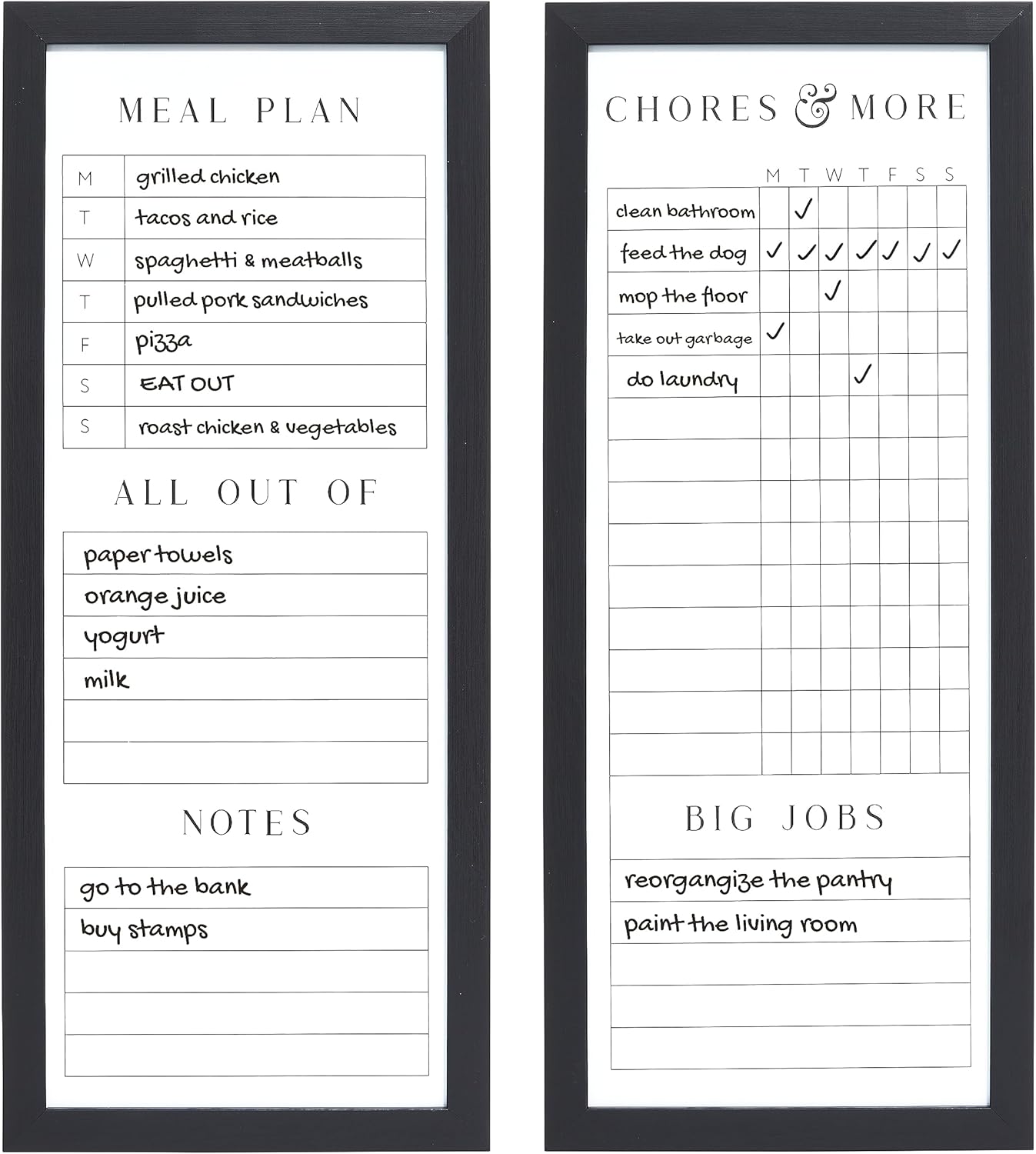 Sheffield Home Set of Two Family Planner Dry Erase Boards Featuring, Chore Chart, Shopping List, Weekly Meal Planner and Notes, 9x21 Inch, Natural