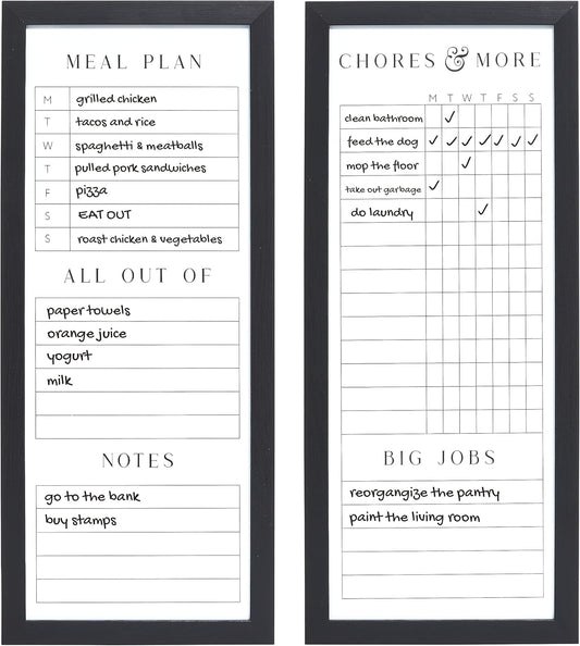 Sheffield Home Set of Two Family Planner Dry Erase Boards Featuring, Chore Chart, Shopping List, Weekly Meal Planner and Notes, 9x21 Inch, Natural