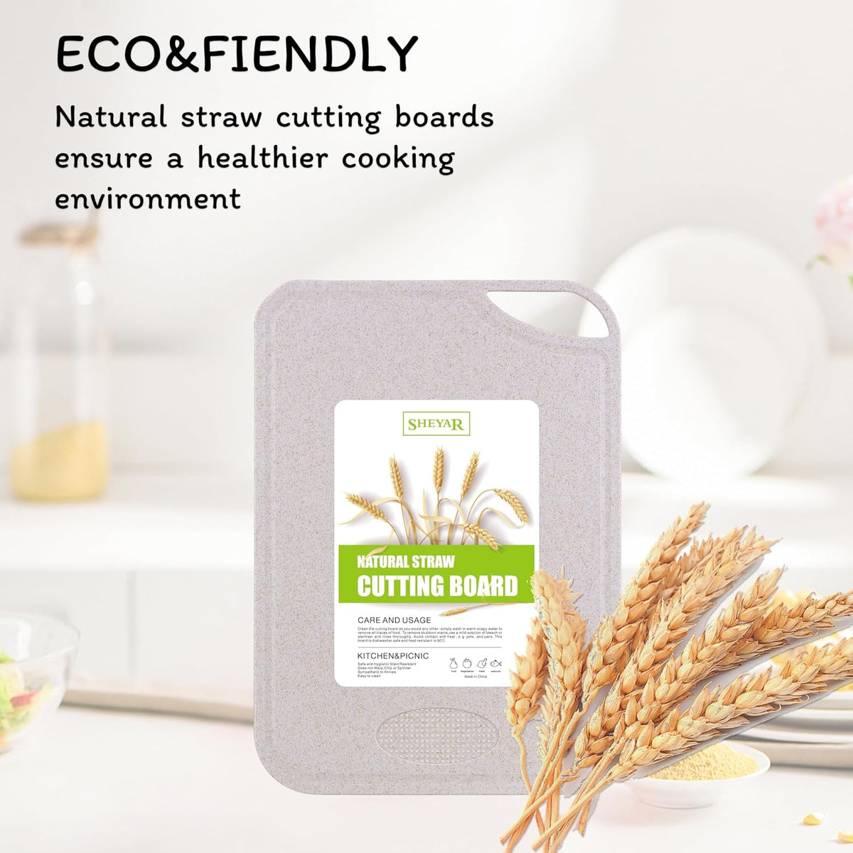 Cutting Board for Kitchen, Wheat Straw Fiber Cutting Board, Dish Washer Safe, w/Juice Grooves for Meat, Veggies, Easy Grip Handle, Non-slip Surface Eco-friendly Serveware Accessories （10‘x6.3’）