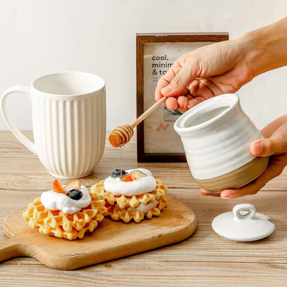 HASENSE Ceramic Honey Pot with Lid, 12 Ounce HoneyJar with Wooden Dipper, Honey Dipper Stick and Jar Set, Cute Small Container for Christmas Thanksgiving Gift, Dishwasher Safe, Blue