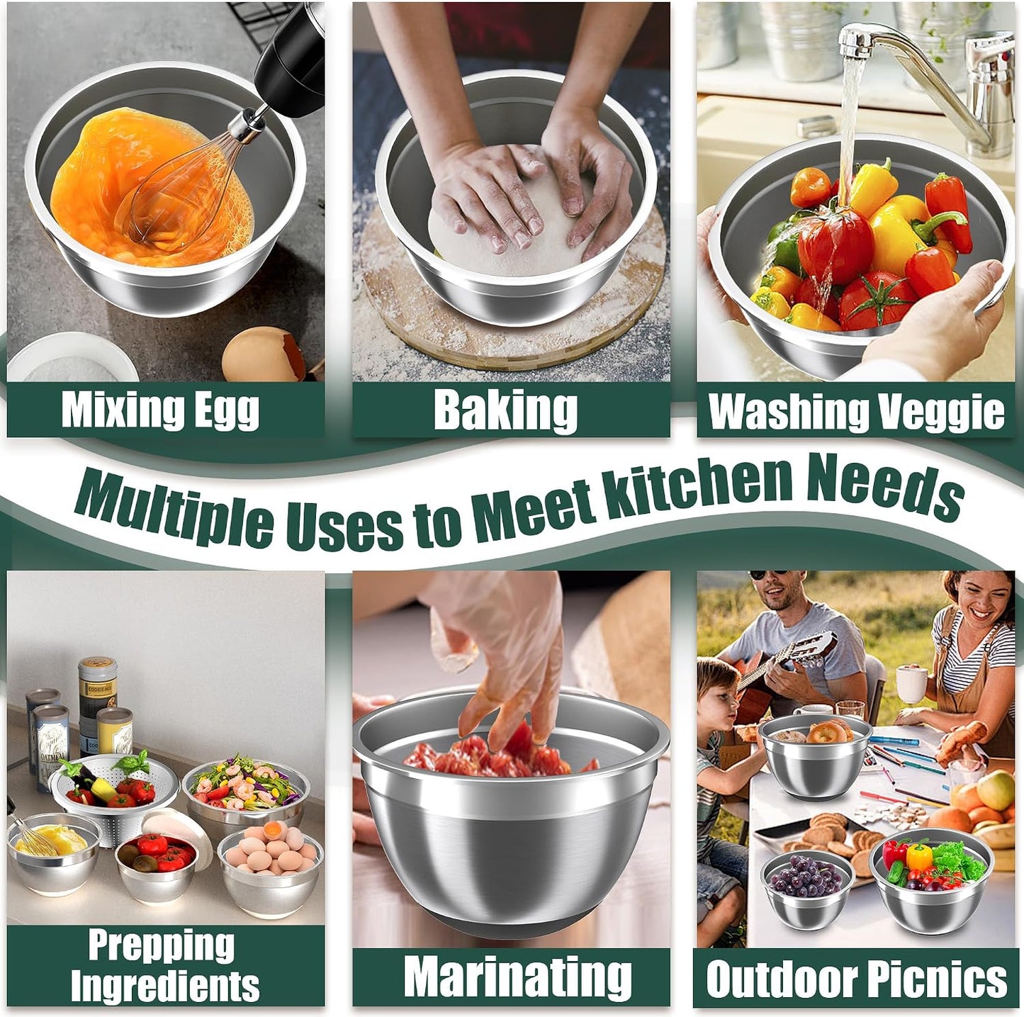 Mixing Bowls with Lids Set, 16PCS Stainless Steel Mixing Bowls,Nesting Storage Bowls for Kitchen with Mixing Bowls Set, Colander, Strainer & Grater , Metal Salad Bowl for Kitchen Gadgets , Cream