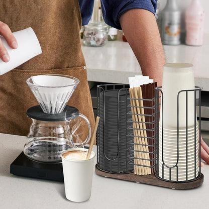 3-Compartment 18oz Coffee Cup Dispenser Rack with Wood Base, Disposable Cup, and Lid Organizer for Countertop - Perfect for Paper Cups, Straws, and Kitchen Cabinet Storage