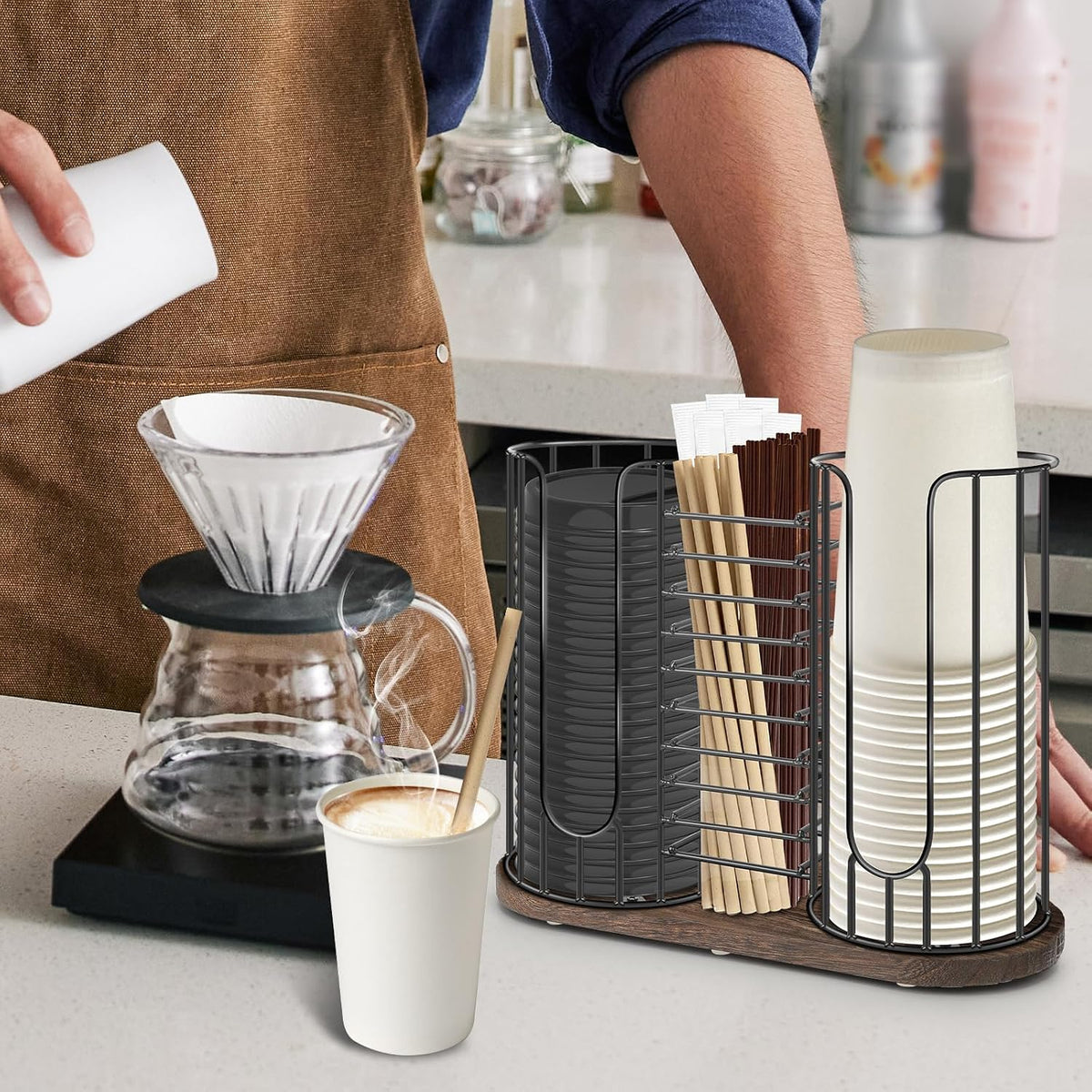 3-Compartment 18oz Coffee Cup Dispenser Rack with Wood Base, Disposable Cup, and Lid Organizer for Countertop - Perfect for Paper Cups, Straws, and Kitchen Cabinet Storage