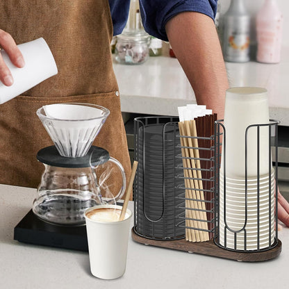 3-Compartment 18oz Coffee Cup Dispenser Rack with Wood Base, Disposable Cup, and Lid Organizer for Countertop - Perfect for Paper Cups, Straws, and Kitchen Cabinet Storage