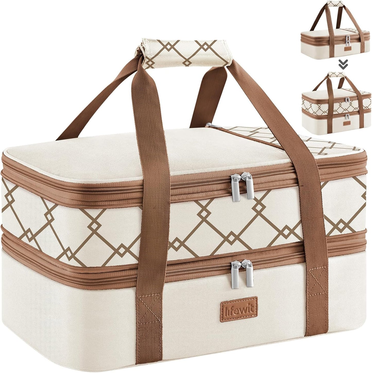 Lifewit Insulated Double Decker Casserole Carrier, Expandable Lasagna Lugger Tote Bag for Hot or Cold Food, Fits 9" x 13" Baking Dish for Potluck Parties, Picnic and Cookouts, Grey-Geometric