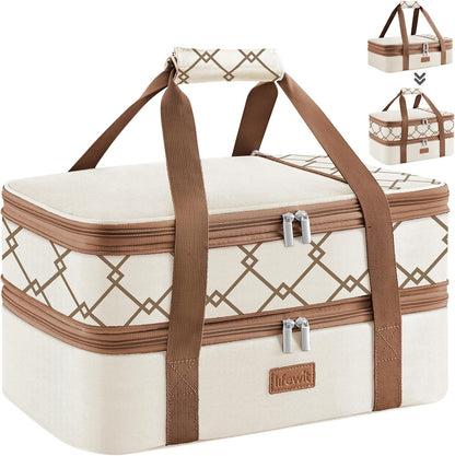 Lifewit Insulated Double Decker Casserole Carrier, Expandable Lasagna Lugger Tote Bag for Hot or Cold Food, Fits 9" x 13" Baking Dish for Potluck Parties, Picnic and Cookouts, Grey-Geometric