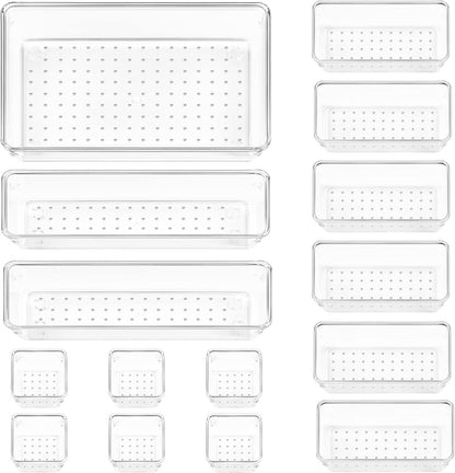 Vtopmart 25 PCS Clear Plastic Drawer Organizers Set, 4-Size Versatile Bathroom and Vanity Drawer Organizer Trays, Storage Bins for Makeup, Bedroom, Kitchen Gadgets Utensils and Office