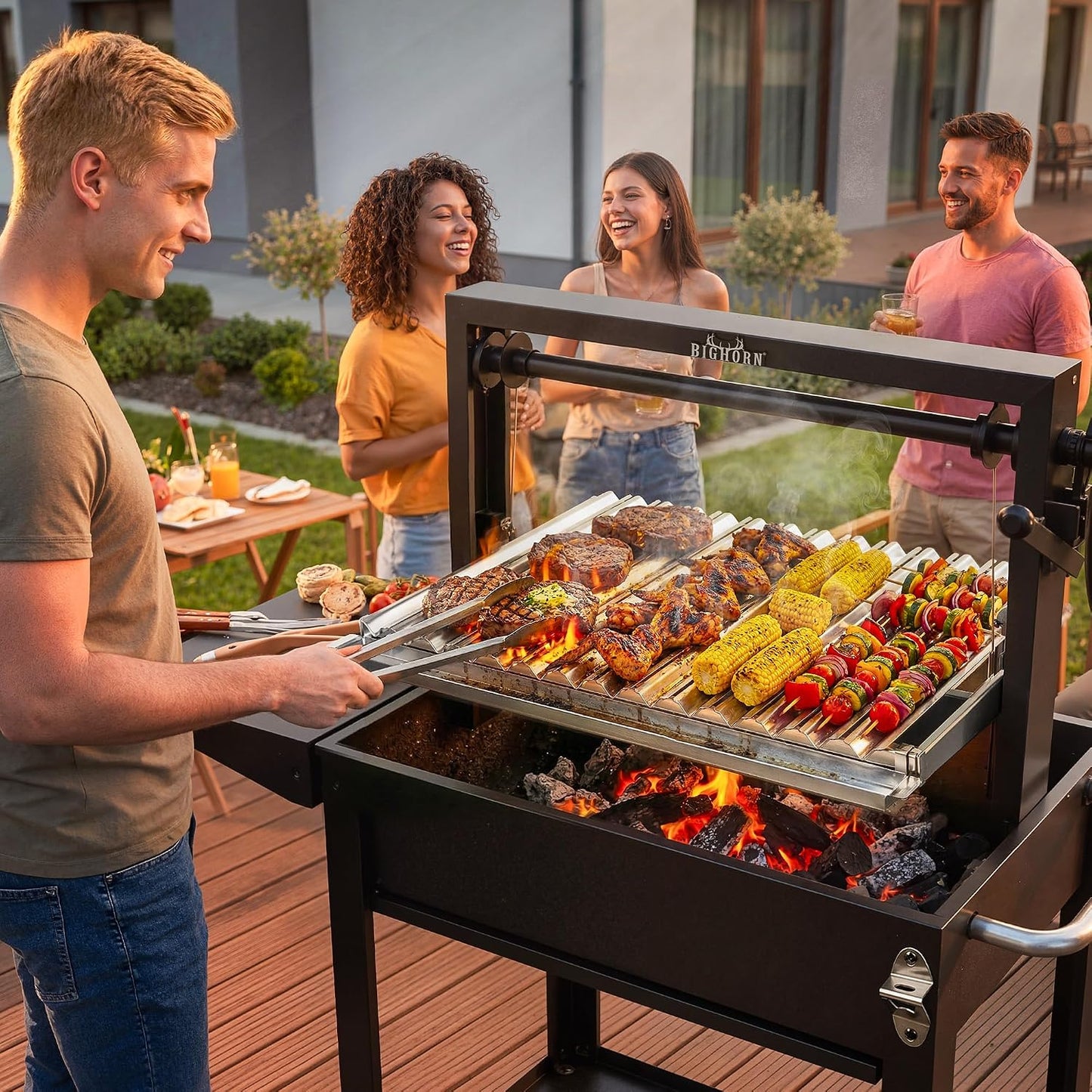 BIG HORN Santa Maria Grill, Argentine Parrilla Grill with Adjustable Height Grate, Wood Fire & Charcoal BBQ Grill, Large Outdoor Open Fire Grill with Storage for Patio & Backyard