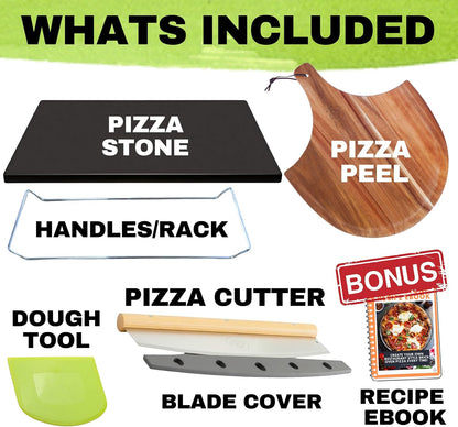 Pizza Stone for Oven and Grill Set - 5PCS Pizza Making Accessories Kit - 15 inch Pizza Stone with Handles, Pizza Peel, Pizza Cutter, Dough Tool - Baking Stone for Bread - Large Rectangular Oven Stones