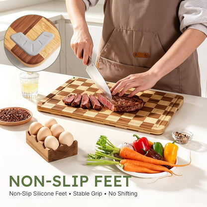 3 Pack Bamboo Cutting Board Set Checkered Wooden Cutting Board for Kitchen Non Toxic Charcuterie Board Serving Non Slip End Grain Wood Chopping Board for Meat Fruit Cheese Kitchen Housewarming Gift