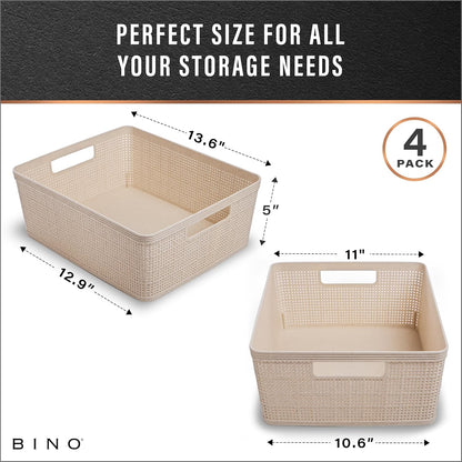 BINO Woven Plastic Basket | Large (Natural), 3-Pack | THE JUTE COLLECTION | Home Organization, Space-Saving Storage, Stylish Design | Plastic Storage Basket