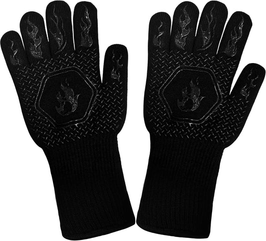 BBQ Oven Gloves,1472°F, Double-Sided Silicone, Non-Slip Super Grip, Heat Resistant, 3-Layer Heat Resistant, with Hanging Hook Kitchen for Cooking, Grilling, and Baking (Black)