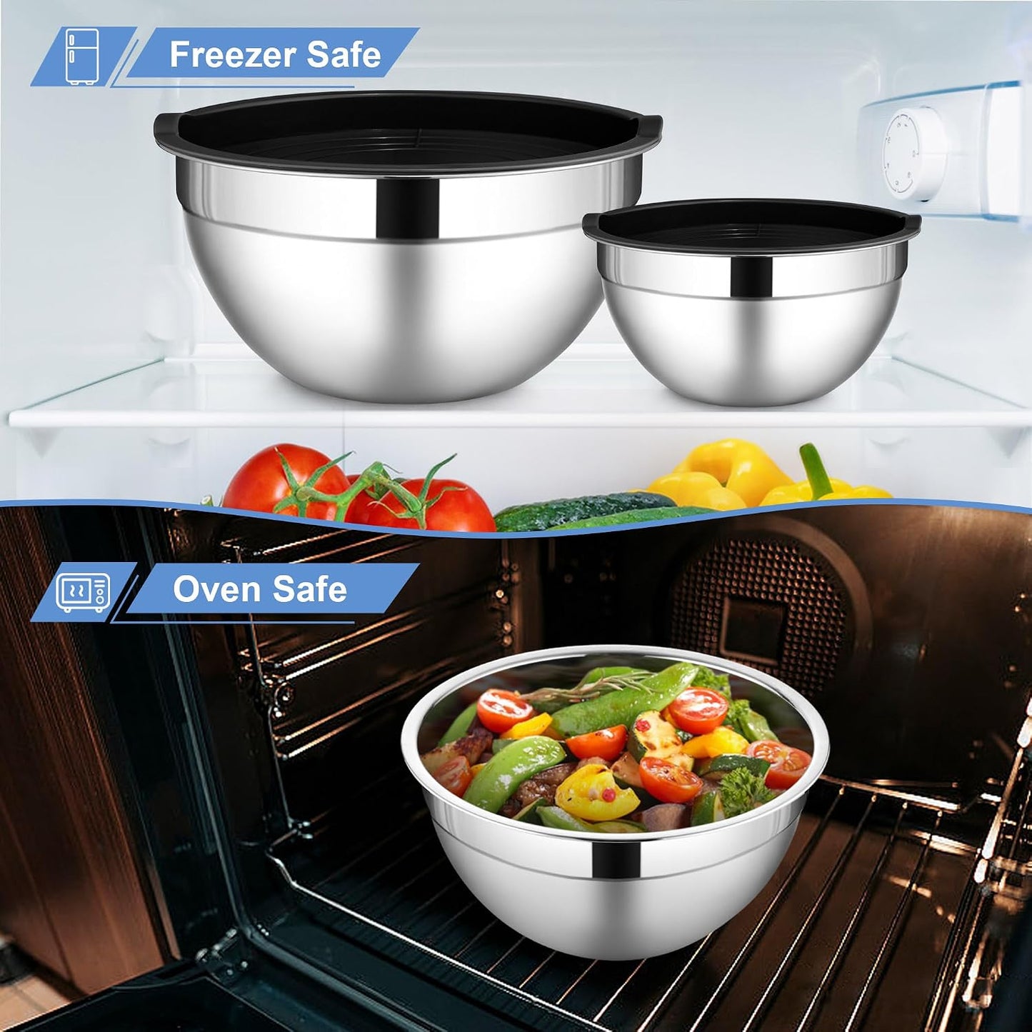 LIANYU Stainless Steel Mixing Bowls Sets of 6, Large 7, 3.5, 2.5, 2, 1.5, 1QT Size with Transparent Airtight Lids, Metal Nesting Serving Bowl Sets for Home Kitchen, Dishwasher & Freezer Safe, Black