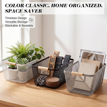 Sawysine 6 Pack Wire Mesh Baskets for Organizing with Wooden Handles 12.2 x 8.27 x 5.51 Inch Metal Mesh Storage Bins Black White Gray Fruit Vegetable Containers for Pantry Kitchen Office