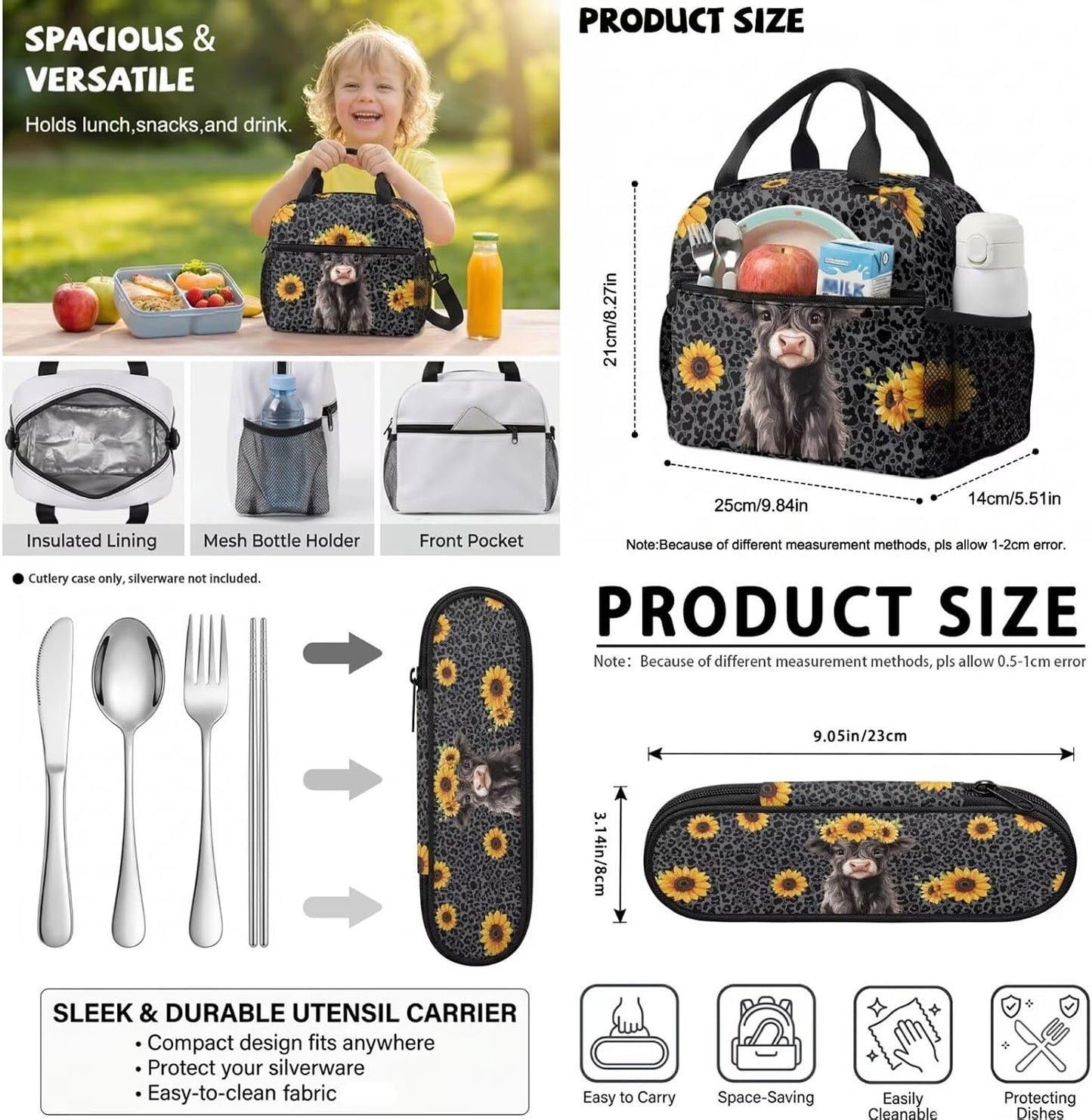 Highland Cow Backpack with Lunch Box Set for Kids Sunflower School Backpack for Girls Boys Back to School Bag Student Travel Backpacks Reusable Utensils Pen Case Water Bottle Bag 5PCS