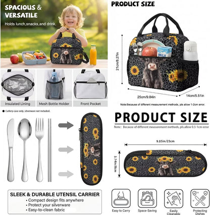 Highland Cow Backpack with Lunch Box Set for Kids Sunflower School Backpack for Girls Boys Back to School Bag Student Travel Backpacks Reusable Utensils Pen Case Water Bottle Bag 5PCS