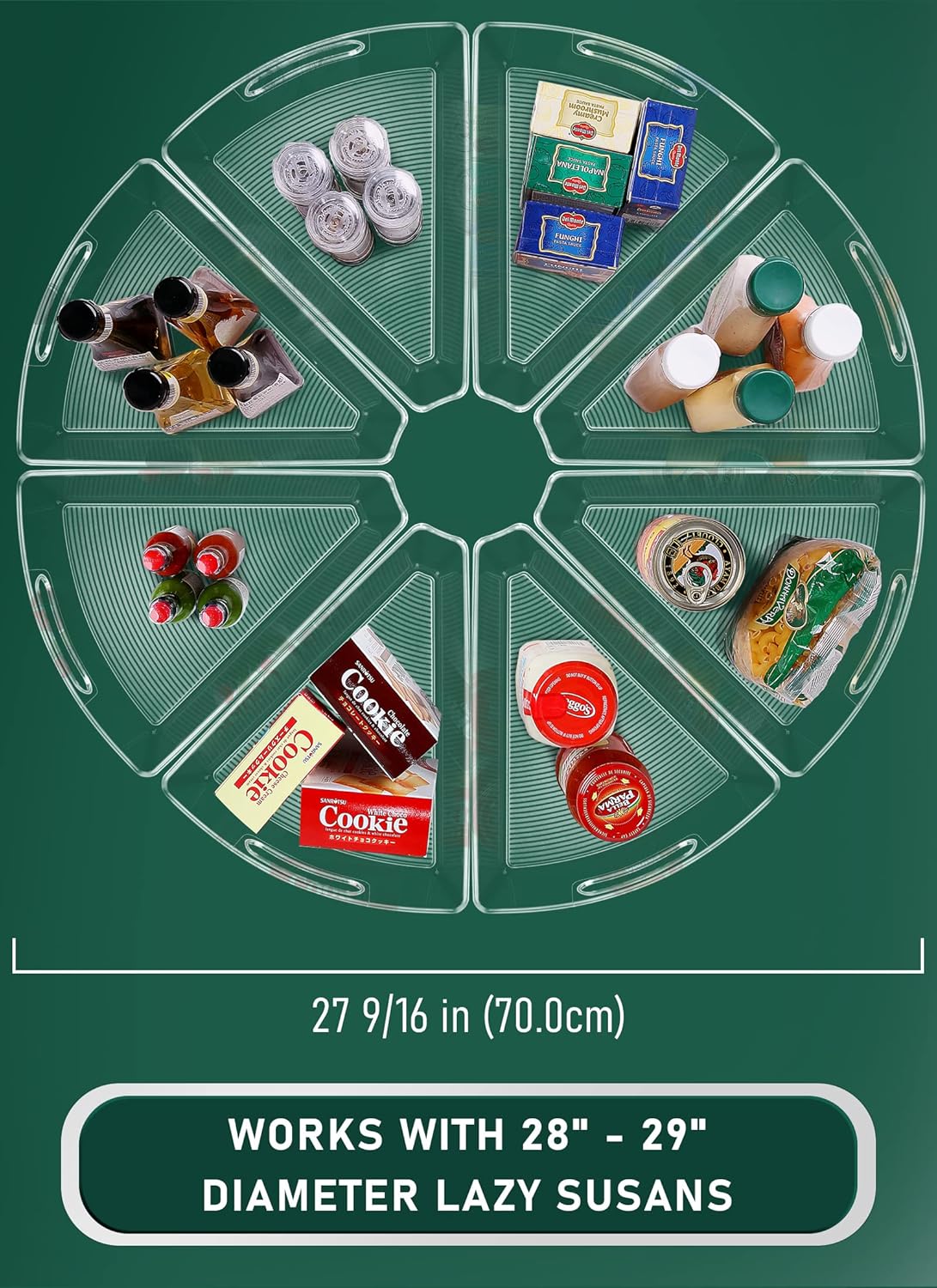 JEISSLIA Lazy Susan Cabinet Organizer Bins for 26"/ 28"/ 32" Diameter Corner Organizer, Plastic Cabinet Storage Bin, 1/8 Wedge - Food Safe, BPA Free, with Non-Slip Pads (for 26" Diameter, 6 Pack)