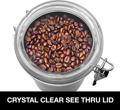Oggi Stainless Steel Kitchen Canister 62 fl oz - Airtight Clamp Lid, Clear See-Thru Top - Ideal for Kitchen Storage, Food Storage, Pantry Storage. Large Size 5" x 7.5".