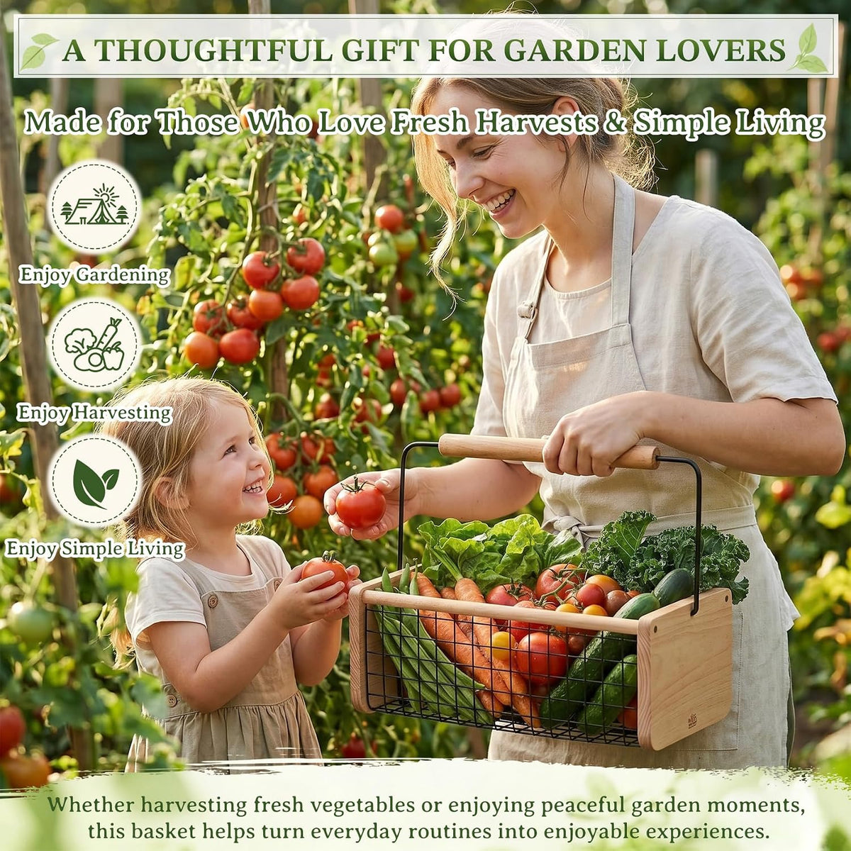 Garden Hod Harvest Basket, Wooden Garden Harvest Basket with Metal Mesh, Vegetable Gathering Basket for Fruit Picking, Rinse & Drain Gardening Basket for Kitchen, Picnic, Farmhouse Decor-Big