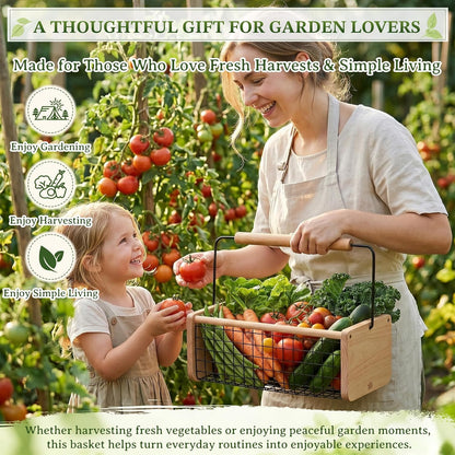 Garden Hod Harvest Basket, Wooden Garden Harvest Basket with Metal Mesh, Vegetable Gathering Basket for Fruit Picking, Rinse & Drain Gardening Basket for Kitchen, Picnic, Farmhouse Decor-Big