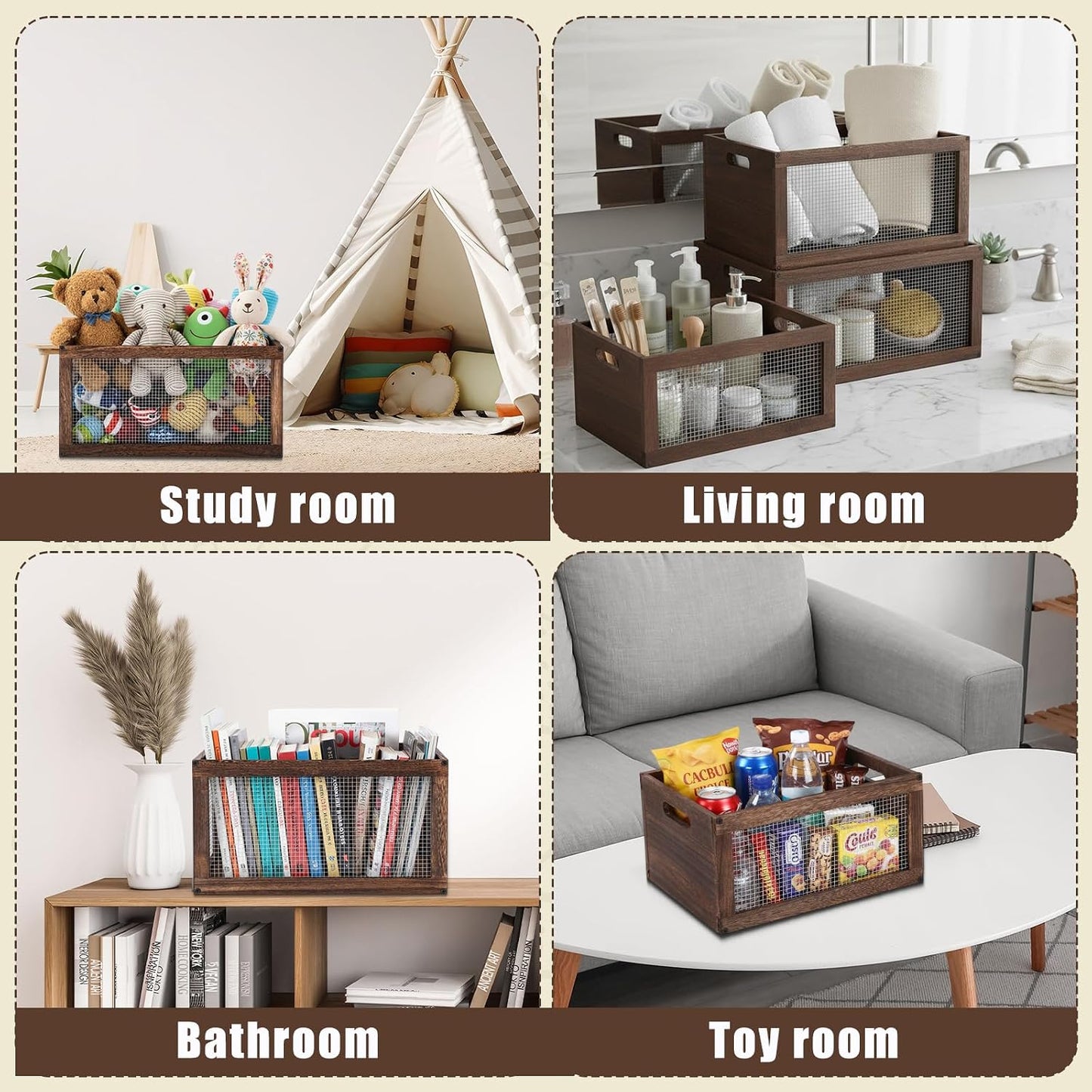 3 Pcs Wooden Countertop Baskets for Kitchen Bathroom, Easy Self-assembly Rustic Nesting Boxes with Handle and Wire Mesh, Multipurpose Wooden Crates for Fruit, Include Screws (3 Size,Dark Brown)