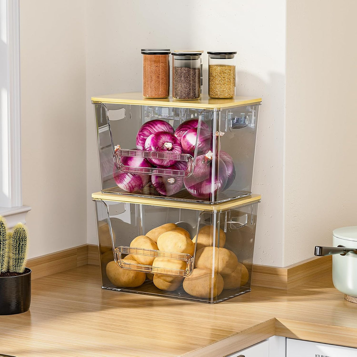 Delamu 2 Set Pantry Organizers and Storage, Trash Bag Holder Under Sink Organizer for 4-13 Gal Bags, Trash Bag Dispenser with Bamboo Top for Onion, Potato, Garlic, Clear (11-7/32"L*7" W*7-1/8"H)