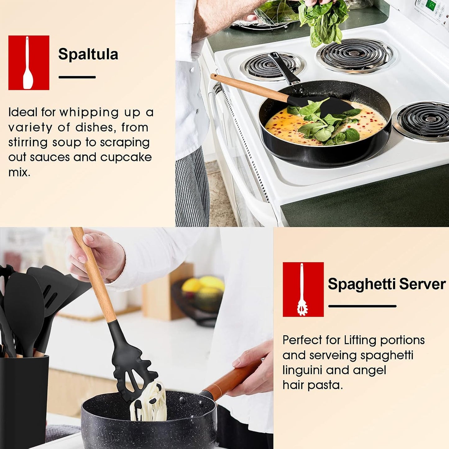 E-far Cooking Utensils Set of 6, Silicone Kitchen Utensils with Wooden Handle, Non-stick Cookware Friendly & Heat Resistant, Includes Spatula/Ladle/Slotted Turner/Serving Spoon/Spaghetti Server(Khaki)